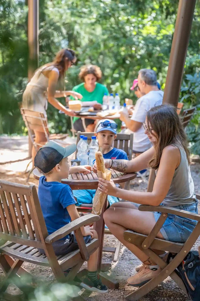 Visiteurs profitant d’un repas en plein air à la Volerie des Aigles, Alsace